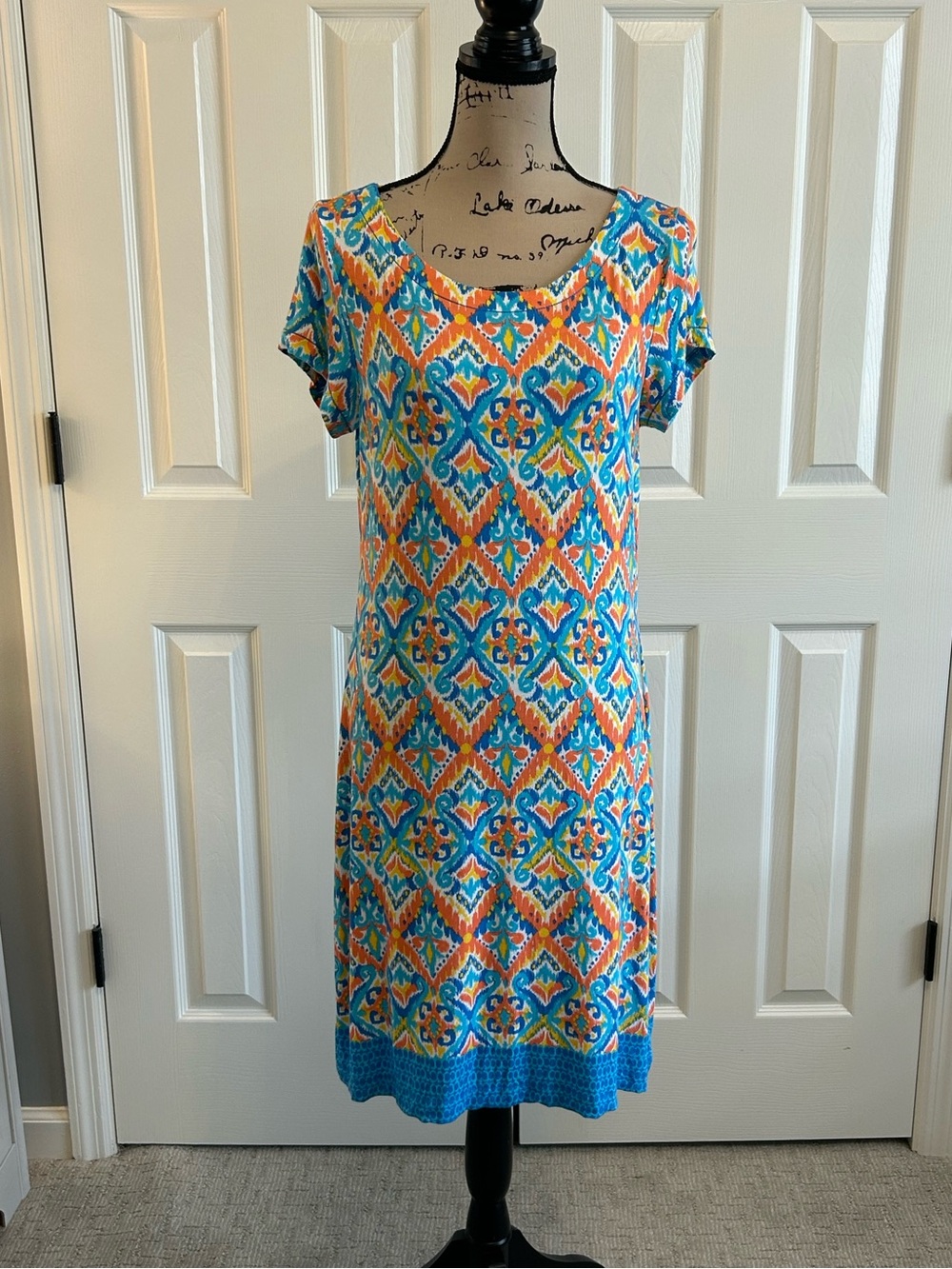 Hatley Nellie Sunrise Ikat Printed Short-Sleeve Blue and Orange shift dress M.